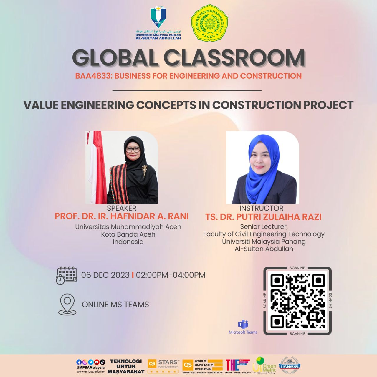 Global Classroom for BAA4833 Subject: Value Engineering Concepts in Consruction Project on 6th December 2023 conducted by Ts. Dr. Putri Zulaiha Razi, Senior Lecturer, Faculty of Civil Engineering & Technology, UMPSA 